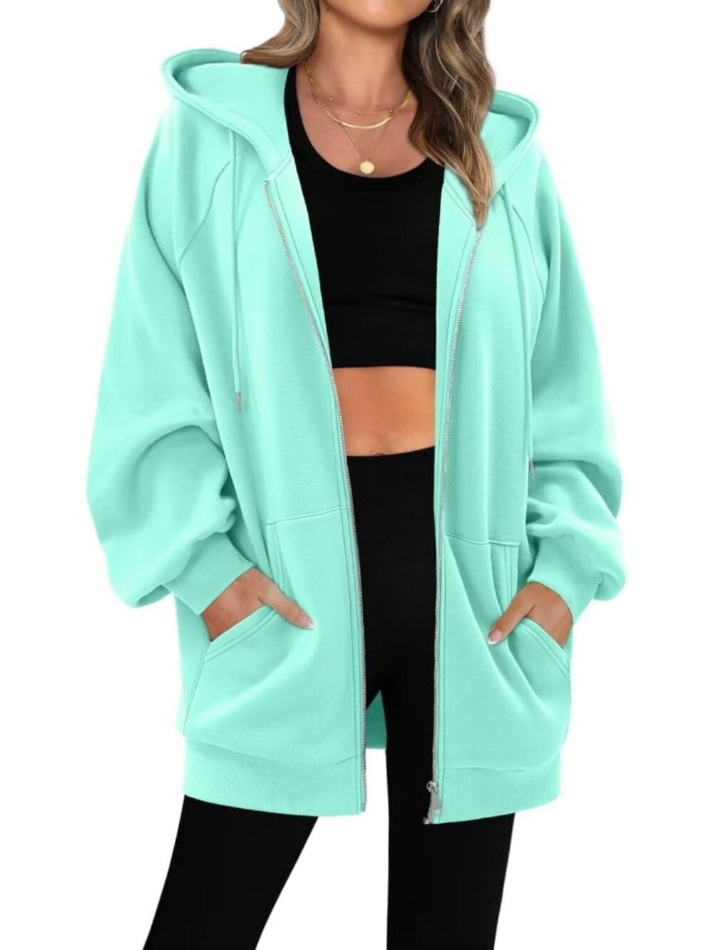 Women Mint Green Oversized Shirts Casual Hooded Neck Long Sleeve Fall Jacket